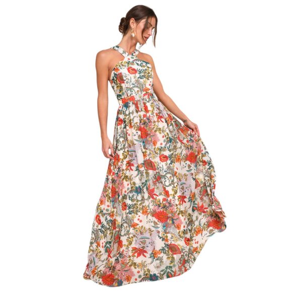 Lulus Cream Floral Print Maxi Dress NWT Size Small Wedding Guest Dress - Picture 1 of 11